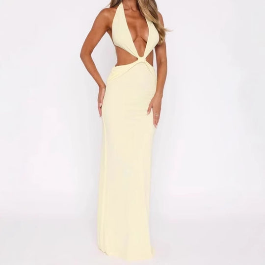 Damen Luxus Maxikleid mit tiefem V-Ausschnitt und aufregenden Cut-Out-Details Heidi-Mode