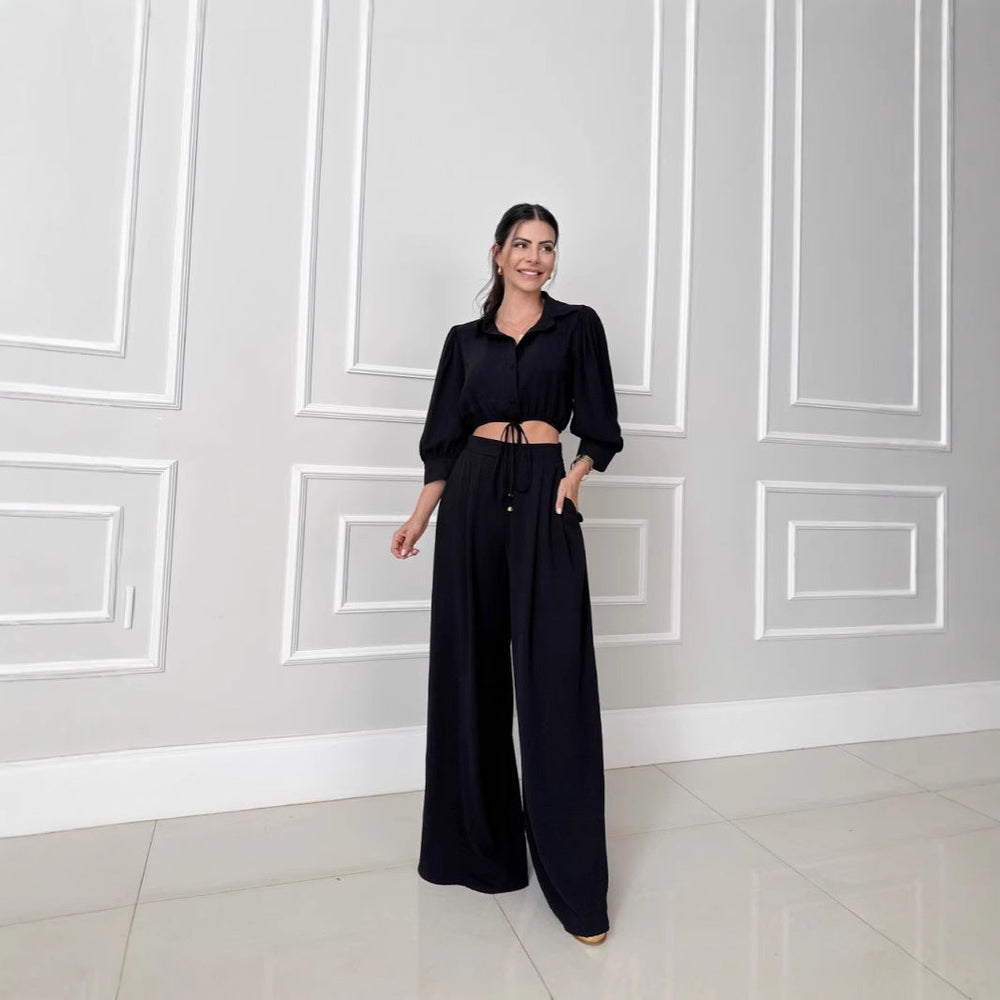 Heidi-Mode | Top Hohe Taillierte Weitbeinige Hose Zweiteiliges Set