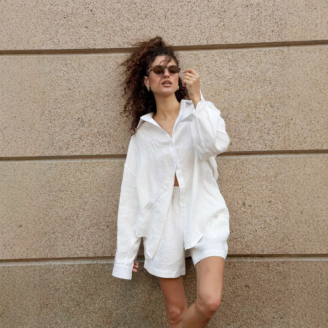Damen lässiges Leinen Set mit lockerer Bluse und Shorts Heidi-Mode