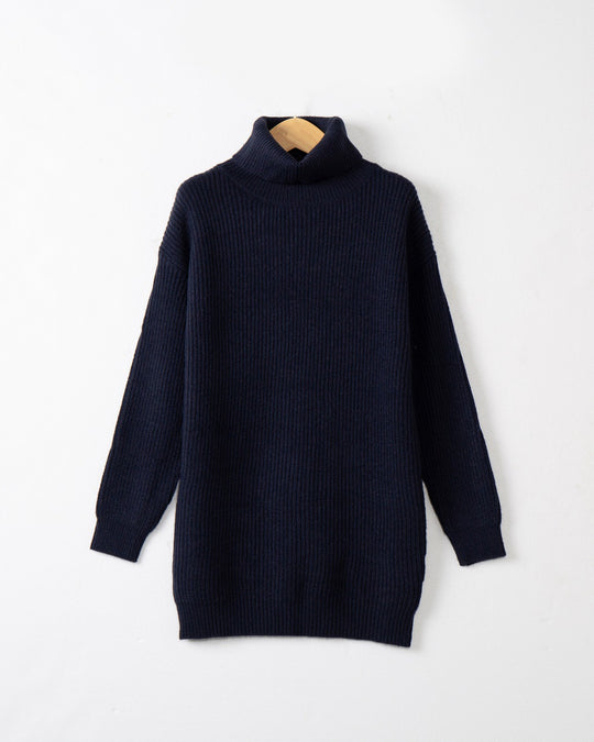 Damen Grobstrick Kleid mit hohem Kragen und weitem Schnitt Heidi-Mode