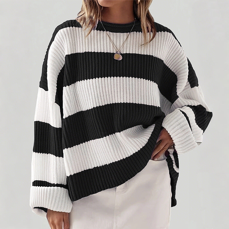 Damen gestreifter Strickpullover mit weitem Schnitt Heidi-Mode