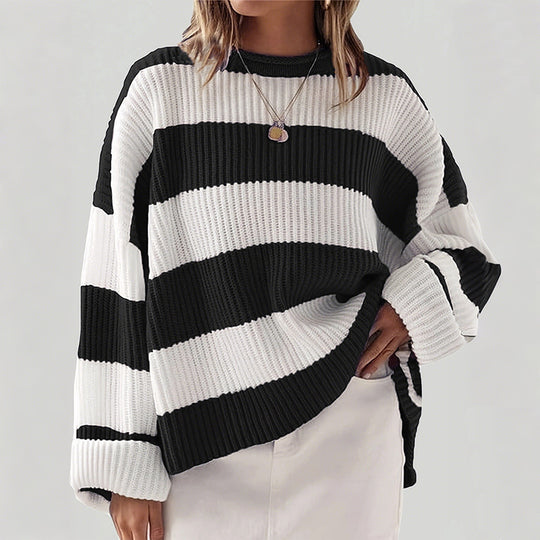 Damen gestreifter Strickpullover mit weitem Schnitt Heidi-Mode