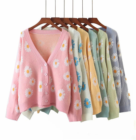 Damen Strickjacke mit Blumenmuster und V-Ausschnitt Heidi-Mode