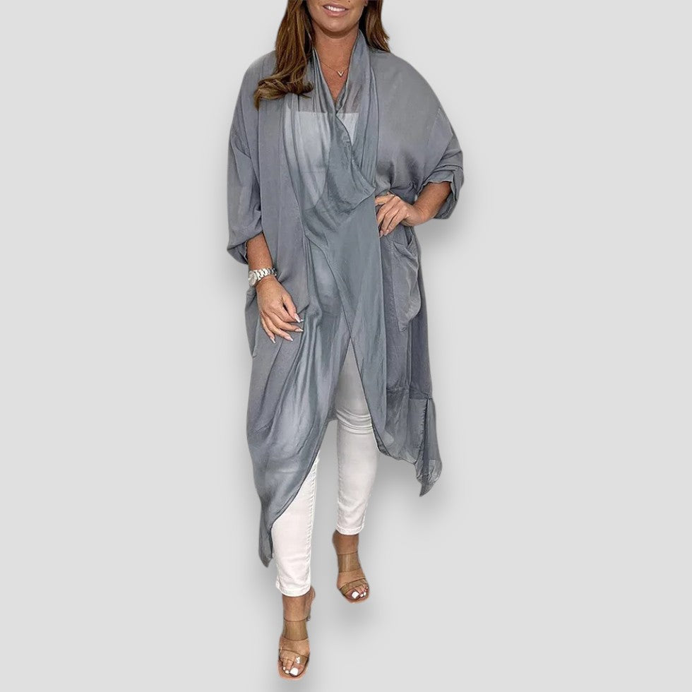 Heidi-Mode | Seide Lässiges Sommer Top Leicht Viskosestrick Offene Front Kimono Strickjacke