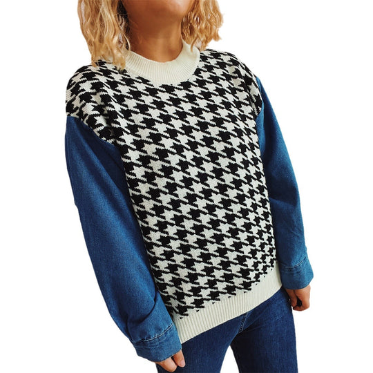 Damen Strickpullover im modernen Hahnentrittmuster mit lässigen Denim-Ärmeln Heidi-Mode