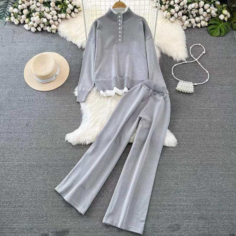 Damen Loungewear-Set mit hoher Rippstruktur und Knopfdetaillierung Heidi-Mode