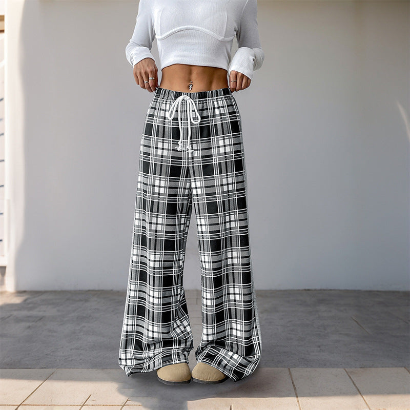 Damen weite Freizeithose mit Karo-Muster und verstellbarem Bund Heidi-Mode
