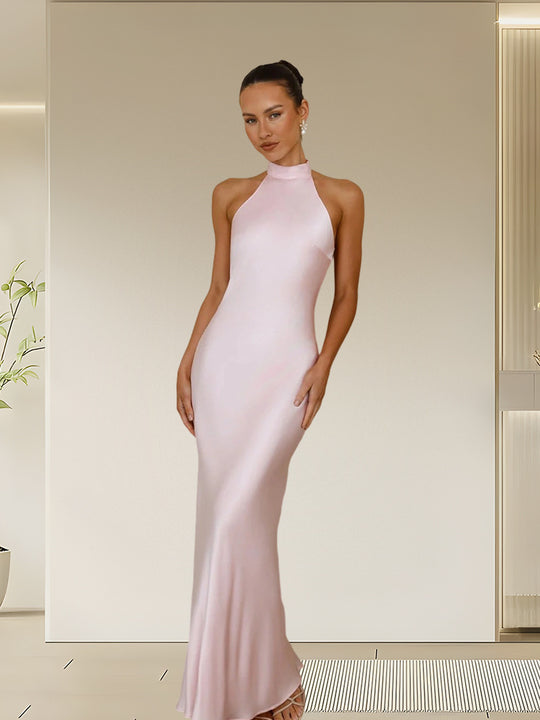 Damen Elegantes Maxikleid mit hochgeschlossenem Design und schimmerndem Satin-Finish Heidi-Mode