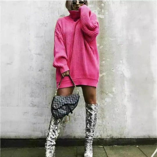 Damen Oversized Strickpullover mit hohem Kragen und Waffelmuster Heidi-Mode