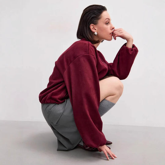 Damen weiche Oversized-Sweatjacke mit modernem Reißverschluss und seitlichen Eingrifftaschen Heidi-Mode