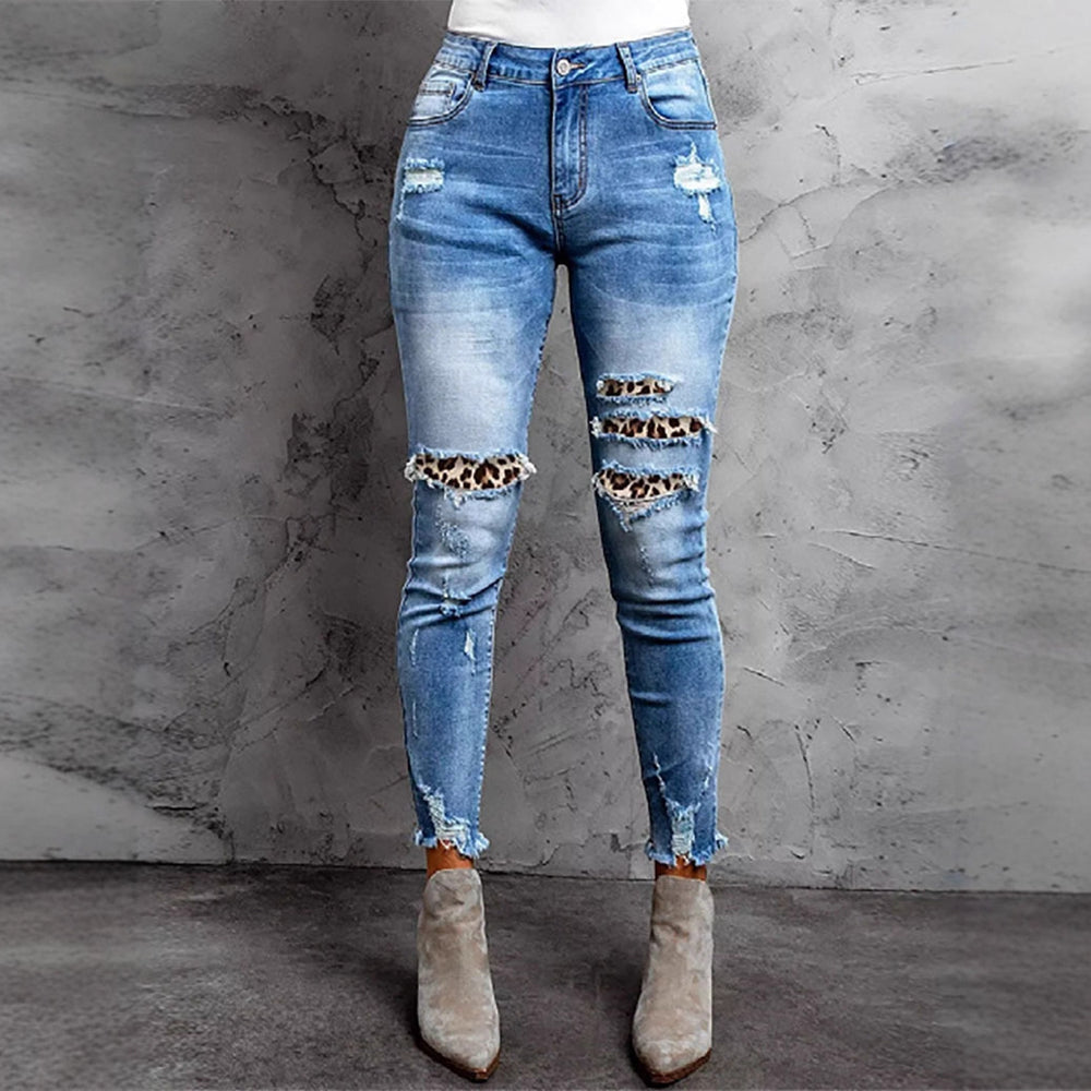 Damen Skinny Jeans im aufregenden Animal-Print mit stylishen Rissen Heidi-Mode