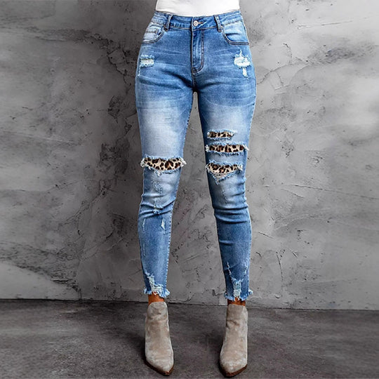 Damen Skinny Jeans im aufregenden Animal-Print mit stylishen Rissen Heidi-Mode
