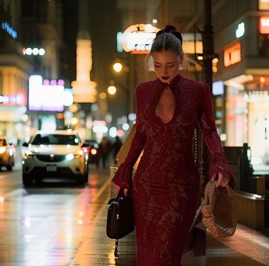 Damen Elegantes Spitzenkleid mit hochgeschlossenem Kragen und voluminösen Ärmel Heidi-Mode