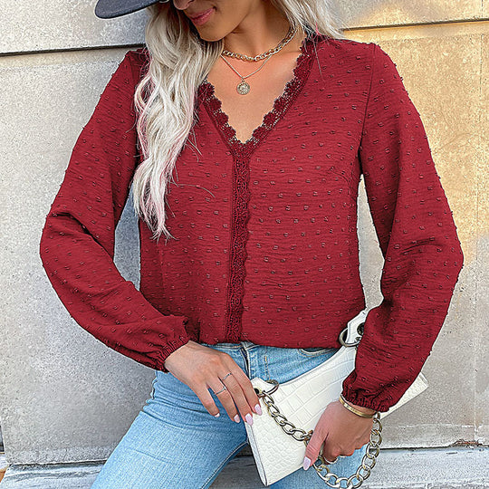 Damen Bluse mit feinen Strukturdetails und romantischem Spitzeneinsatz Heidi-Mode