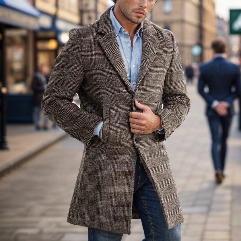 Herren Lang geschnittener Wollmantel mit Karomuster Heidi-Mode