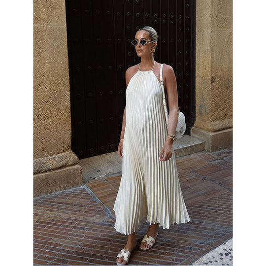 Damen Plissiertes Maxikleid mit elegantem Halterneck Heidi-Mode