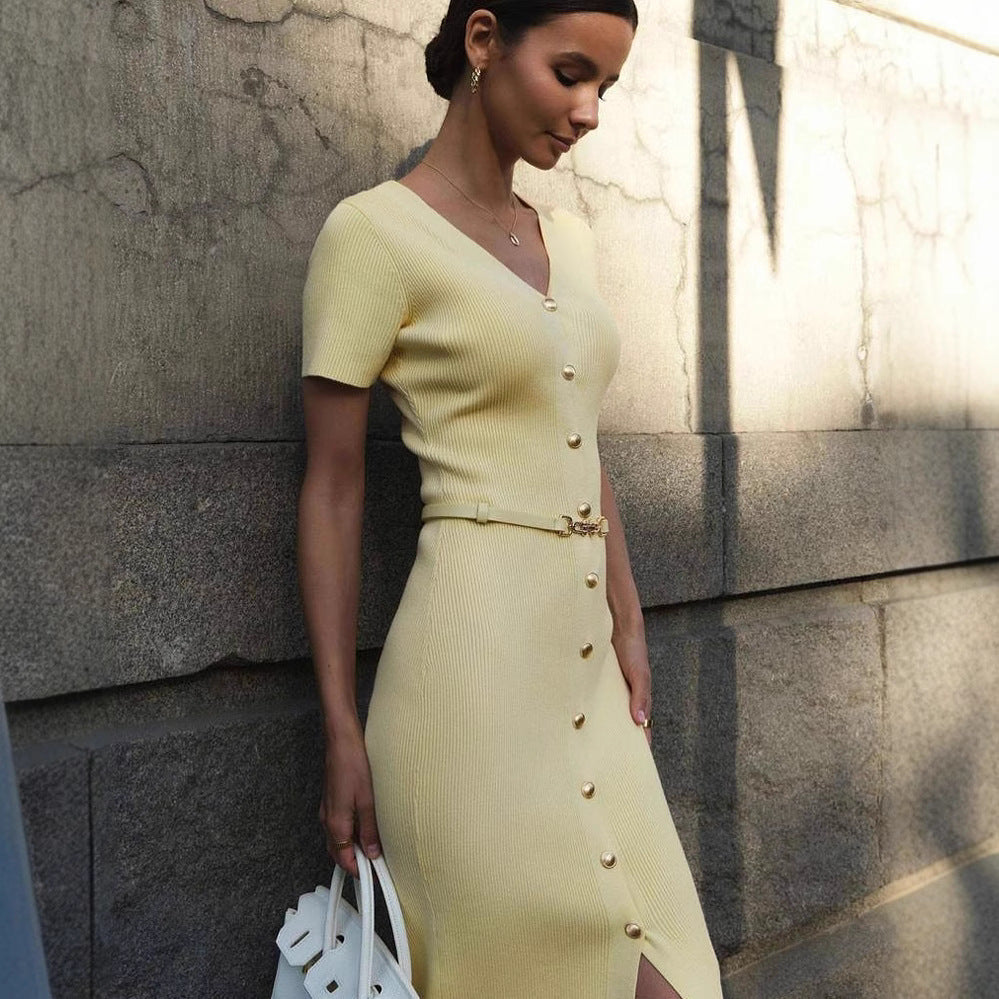 Damen Midi-Kleid mit strukturiertem Rippdesign und Knopfleiste Heidi-Mode