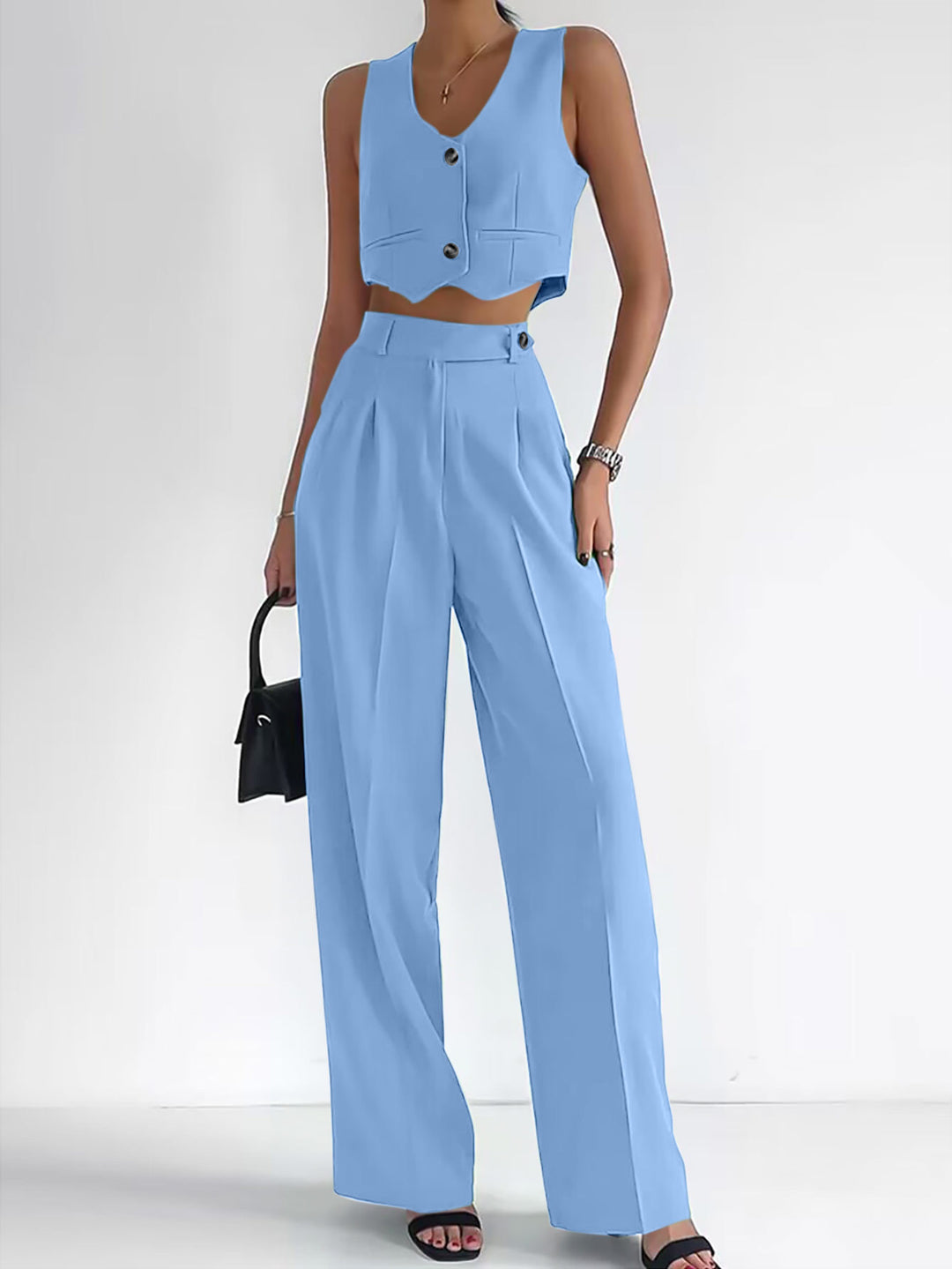 Damen Modisches Zweiteiler-Set mit ärmellosem Oberteil und weit geschnittenen Hosen Heidi-Mode