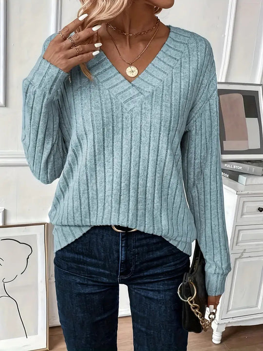 Damen V-Ausschnitt Strickpullover mit Rippenstruktur und lässigem Schnitt Heidi-Mode