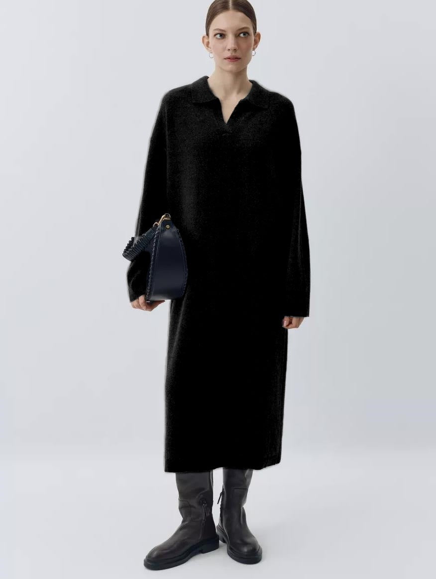 Damen Übergröße Strickkleid mit modernem Polokragen und langen Ärmeln Heidi-Mode
