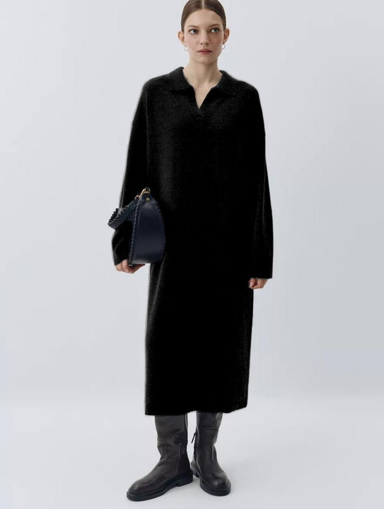 Damen Übergröße Strickkleid mit modernem Polokragen und langen Ärmeln Heidi-Mode