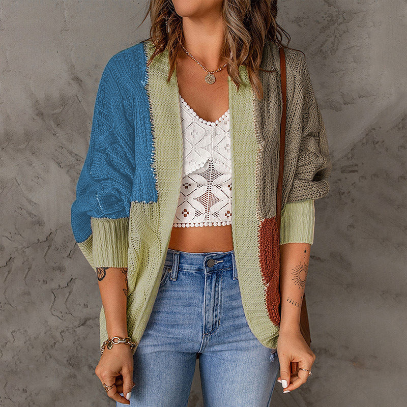 Damen lässige Strickjacke mit buntem Patchwork-Design und weitem Schnitt Heidi-Mode