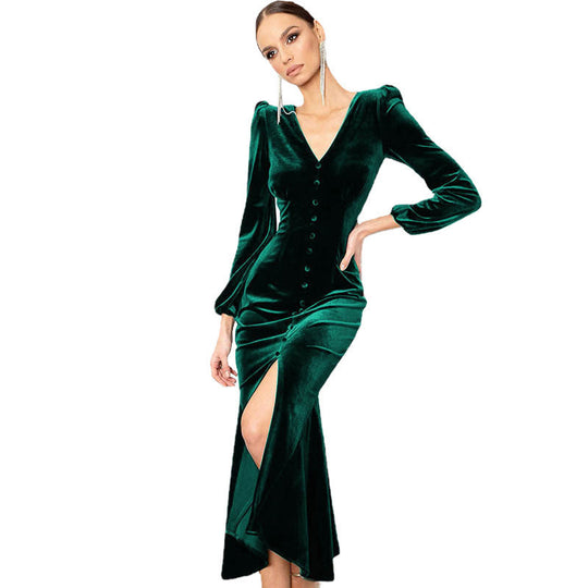Damen Elegantes Samtkleid mit V-Ausschnitt und Puffärmeln Heidi-Mode