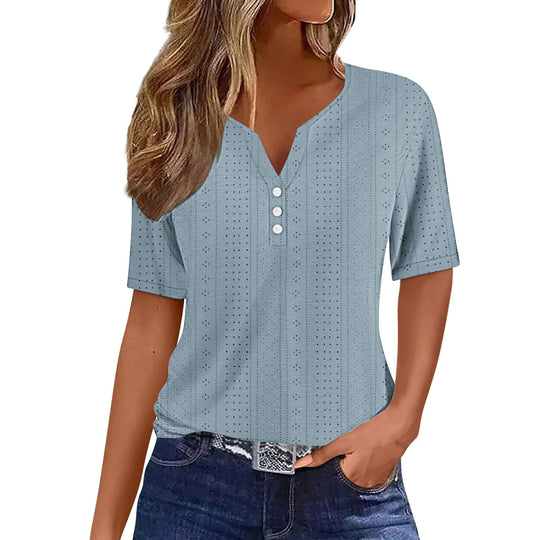 Damen Kurzarm Bluse mit Knopfdetails und feiner Lochmusterstruktur Heidi-Mode