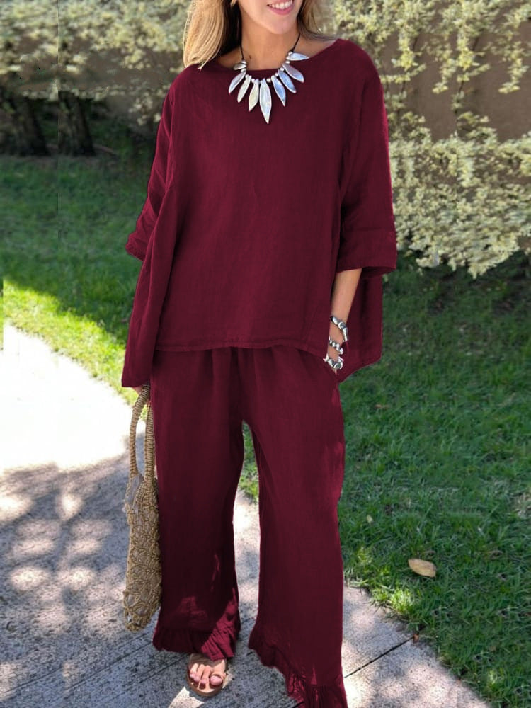 Damen lässiges Leinen-Outfit mit weitem Schnitt und angeschnittenen Ärmeln Heidi-Mode