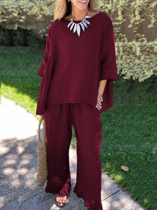 Damen lässiges Leinen-Outfit mit weitem Schnitt und angeschnittenen Ärmeln Heidi-Mode