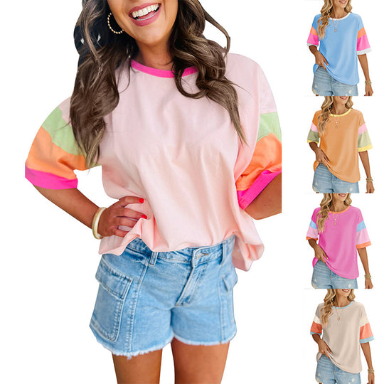 Damen lässiges T-Shirt mit farbenfrohen Ärmeln und weitem Schnitt Heidi-Mode
