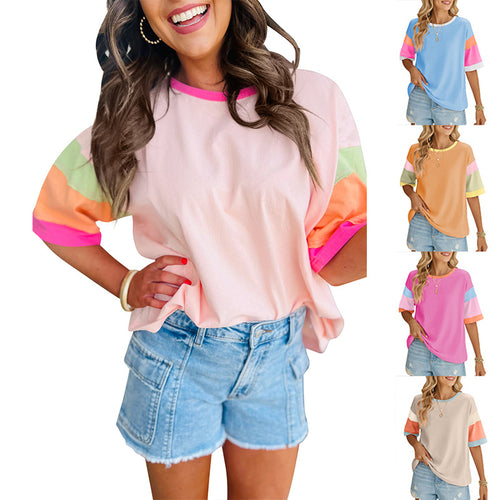 Damen lässiges T-Shirt mit farbenfrohen Ärmeln und weitem Schnitt Heidi-Mode