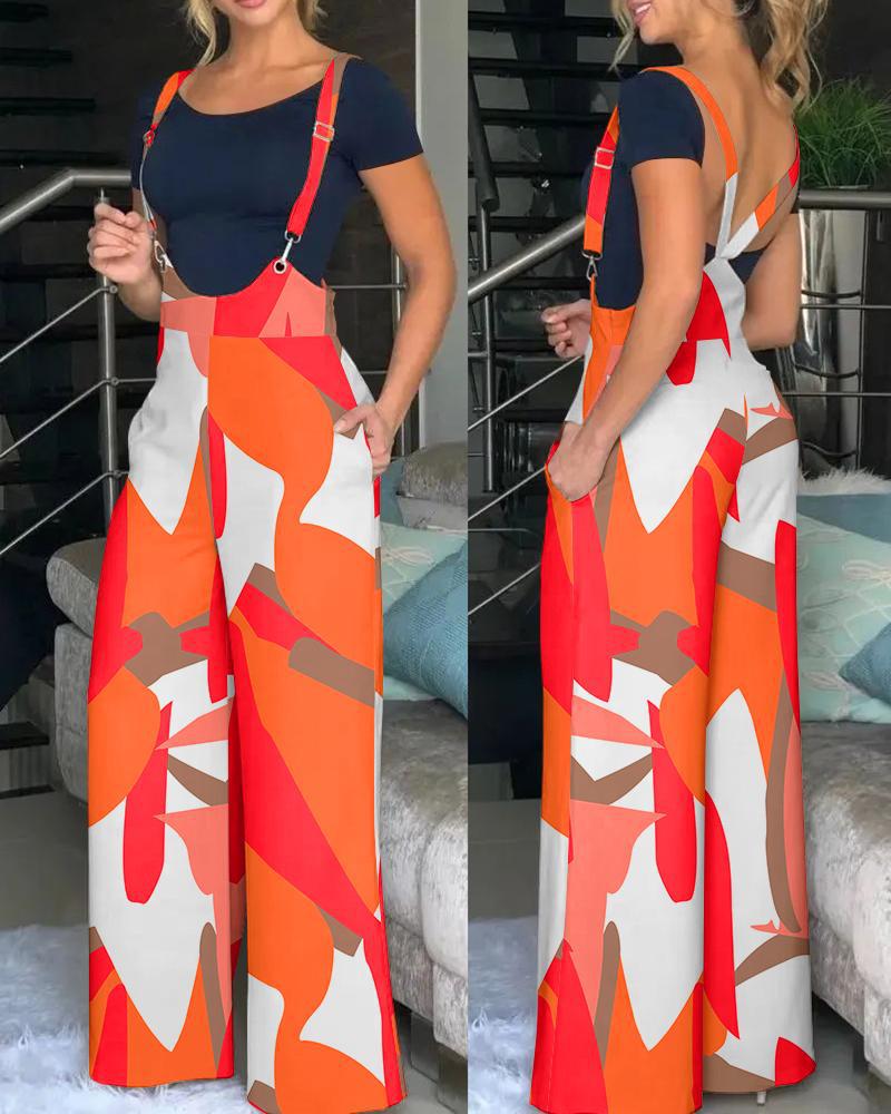 Damen modische Latzhose mit weitem Bein und buntem Grafikdesign Heidi-Mode