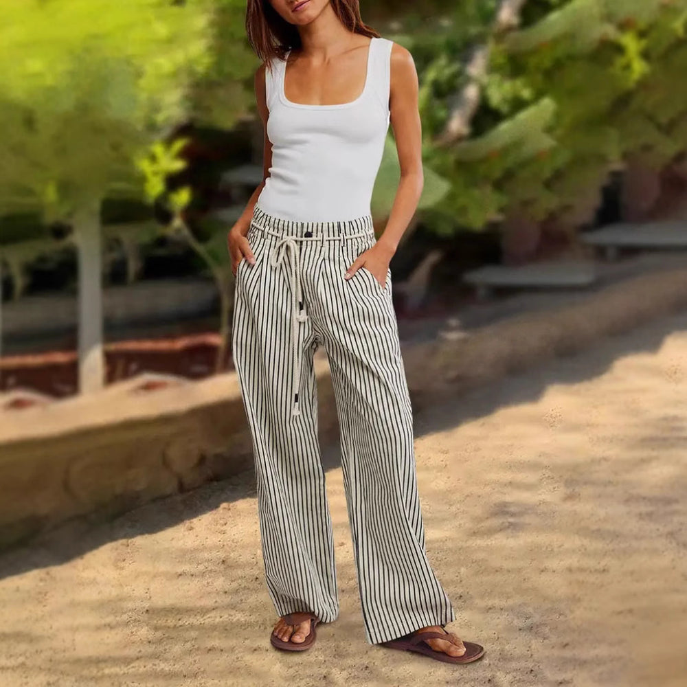 Damen Bequeme Strandhose mit lässigem Streifenmuster und geflochtenem Bund Heidi-Mode