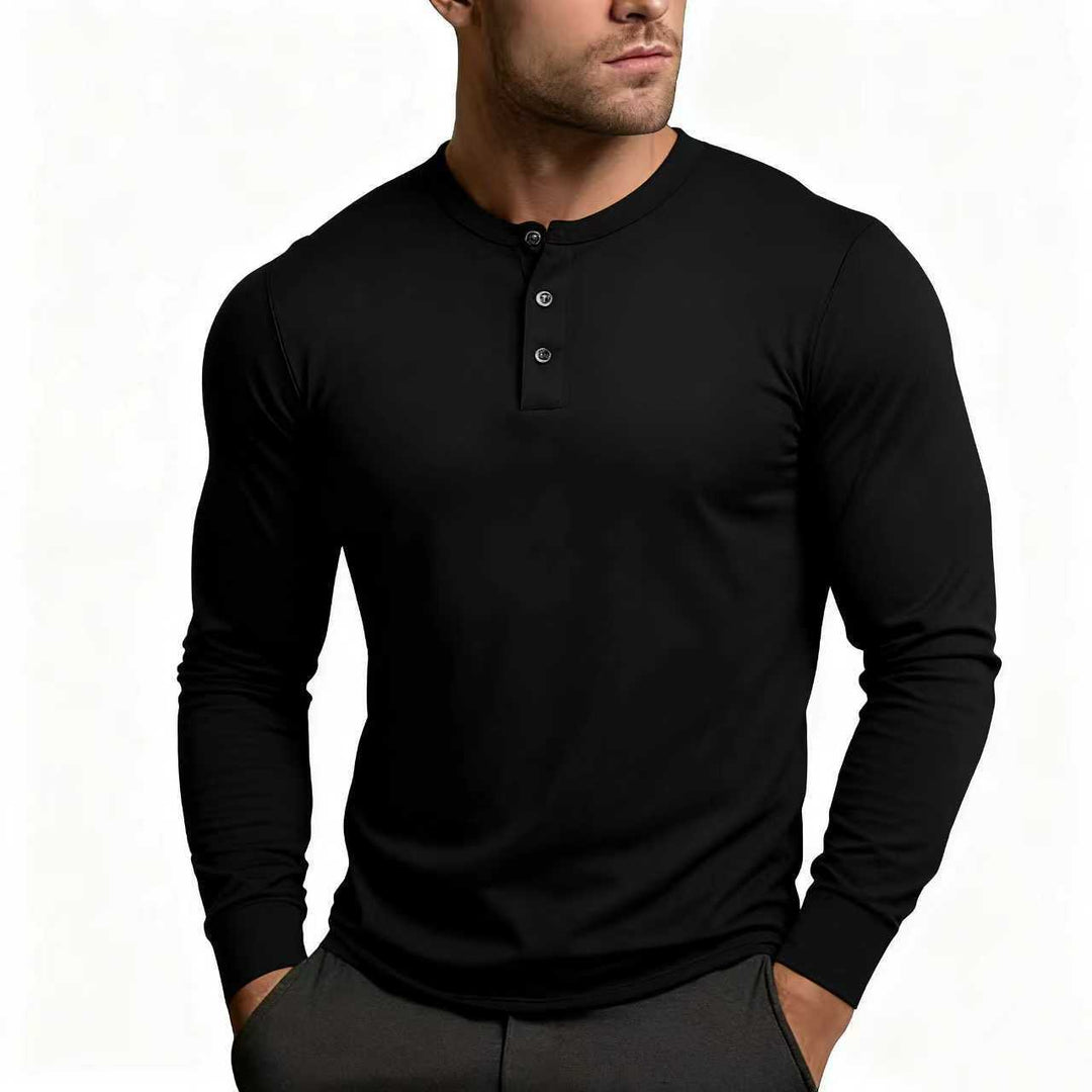 Herren Langarm-Henley-Shirt mit klassischem Knopfdetail und körpernaher Passform Heidi-Mode