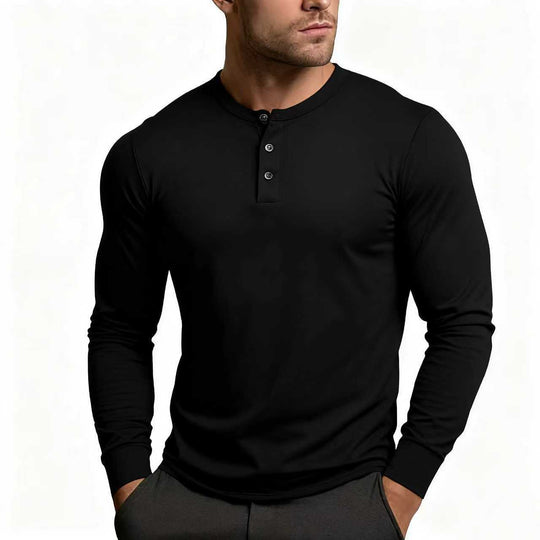 Herren Langarm-Henley-Shirt mit klassischem Knopfdetail und körpernaher Passform Heidi-Mode