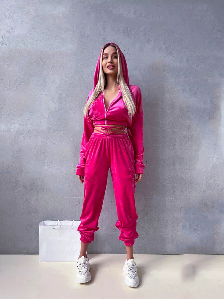 Damen Sportliches Fleece Lounge-Set mit Kapuze und elastischem Bund Heidi-Mode