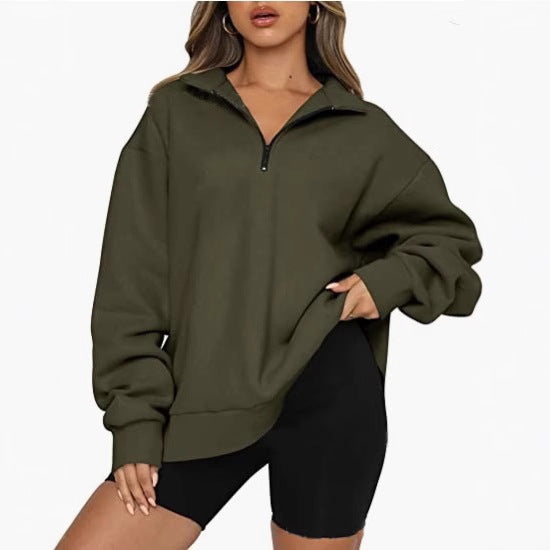 Damen modischer Oversized Pullover mit kurzem Reißverschluss und lässigen Ärmeln Heidi-Mode