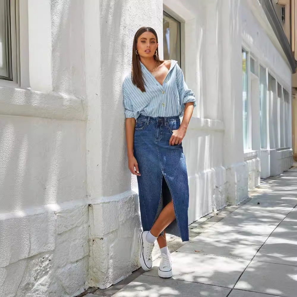 Damen Jeansrock mit modischem Schlitz und lässigem Schnitt Heidi-Mode