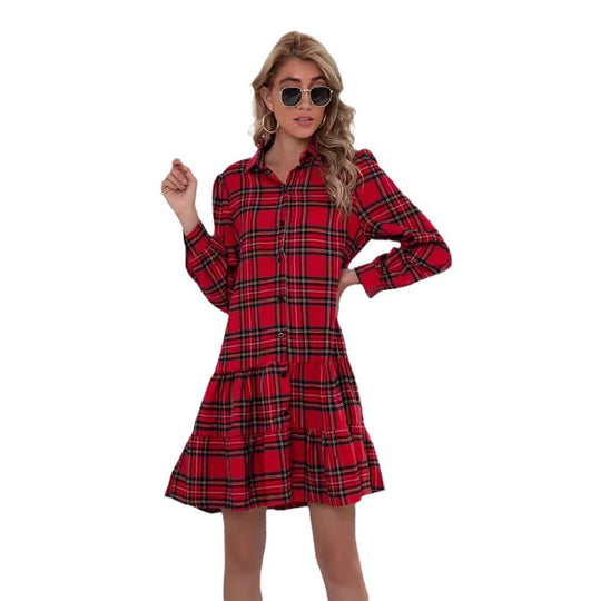 Damen Karokleid mit lässigem Hemdblusenstil und verspieltem Volant von Heidi-Mode