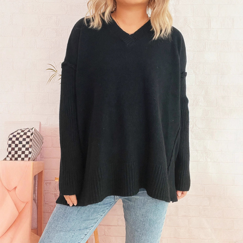 Damen lässiger V-Ausschnitt Pullover mit stylishen Rippdetails Heidi-Mode