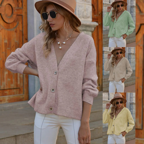 Damen Grobstrickcardigan mit lässigem V-Ausschnitt und dekorativen Knopfdetails Heidi-Mode