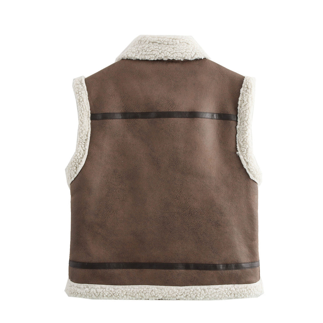 Damen Teddyweste mit hohem Kragen und Kunstlederelementen Heidi-Mode
