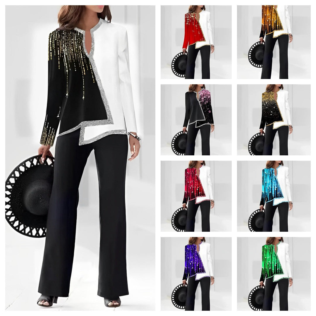Heidi-Mode | 3D Digitaldruck V-Ausschnitt asymmetrisches Shirt- und Hosen-Set