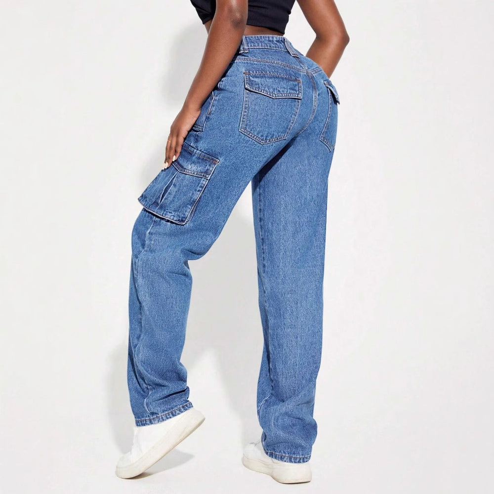 Damen Vintage Cargo Jeans mit elastischem Bund und seitlichen Taschen Heidi-Mode