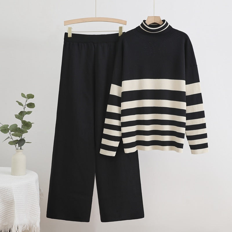 Damen Komfortables Strick-Loungewear-Set mit hohem Kragen und breiten Streifen Heidi-Mode