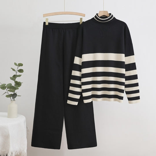 Damen Komfortables Strick-Loungewear-Set mit hohem Kragen und breiten Streifen Heidi-Mode