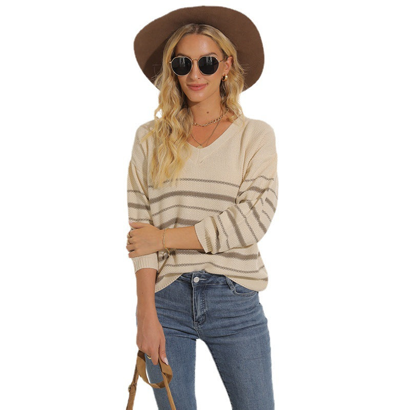 Damen lässiger Pullover mit modernem Streifenmuster und V-Ausschnitt Heidi-Mode