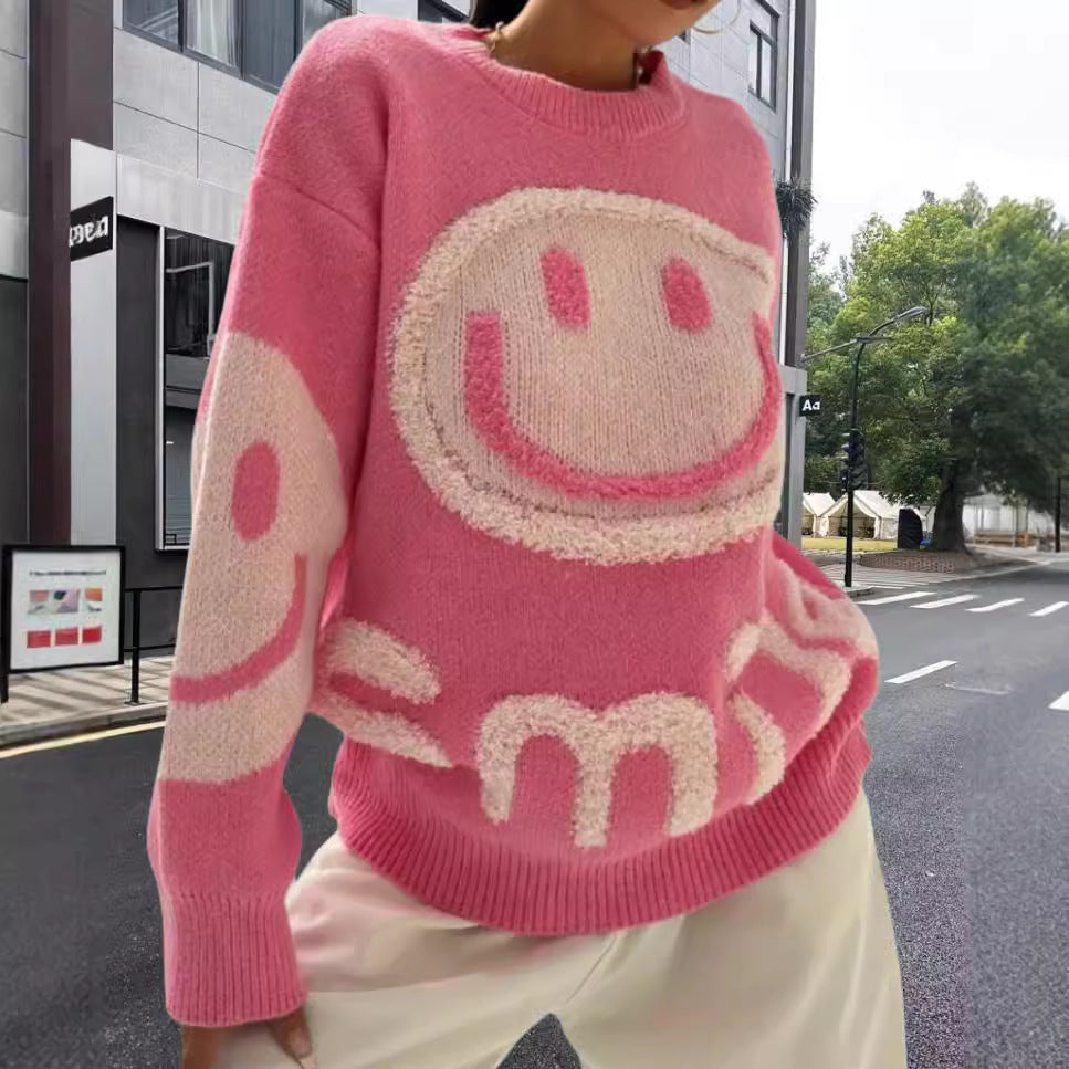 Damen Strickpullover mit fröhlichem Emoji-Motiv und komfortablem Schnitt Heidi-Mode