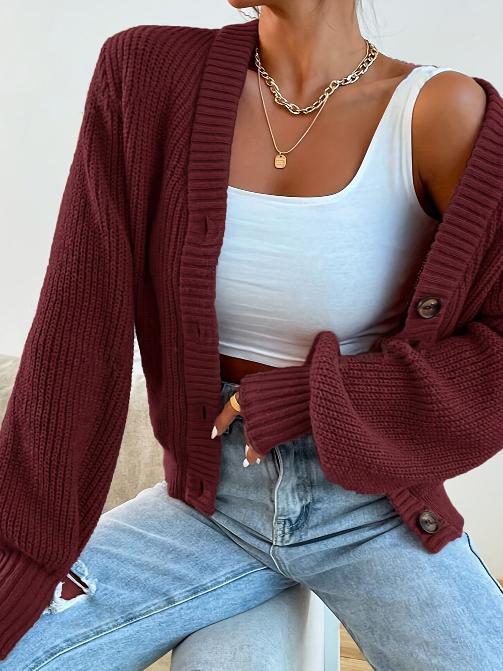 Damen bequeme Strickjacke mit schickem V-Ausschnitt Heidi-Mode